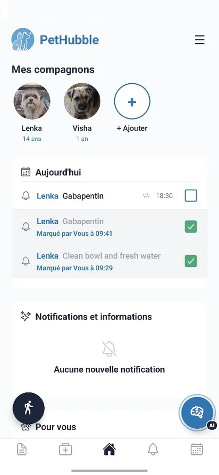Tableau de bord PetHubble avec vos animaux et les rappels du jour