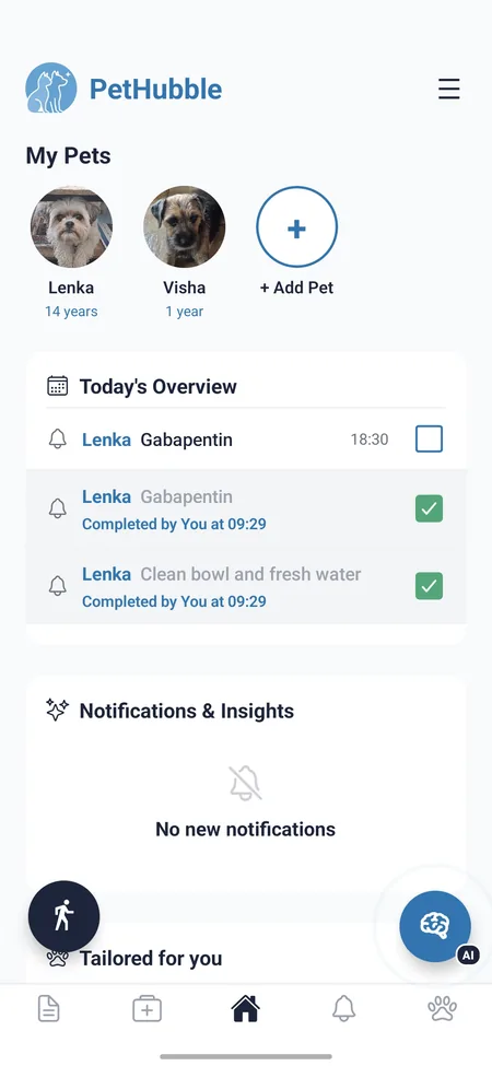PetHubble dashboard showing your pets and today's care reminders