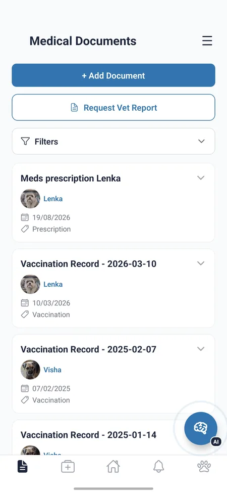 Pet medical records and vet documents in PetHubble