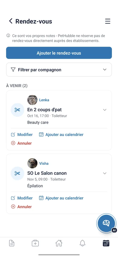 Rendez-vous vétérinaires et toilettage à venir, avec rappels