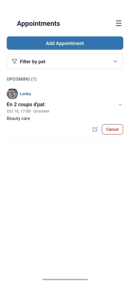 Upcoming vet and grooming appointments with reminders
