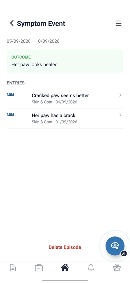 Symptom tracker showing a symptom episode from first sign to recovery
